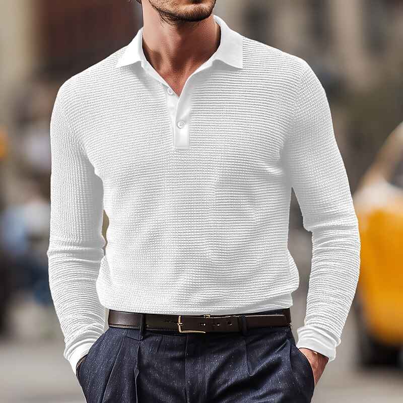 Men's Waffle Polo Shirts Golf Shirt Street Casual Lapel Long Sleeve Basic Modern Plain Textured Buttons Spring Fall All Seasons Regular Fit White Black Yellow Red Blue Gray Waffle Polo Shirts3