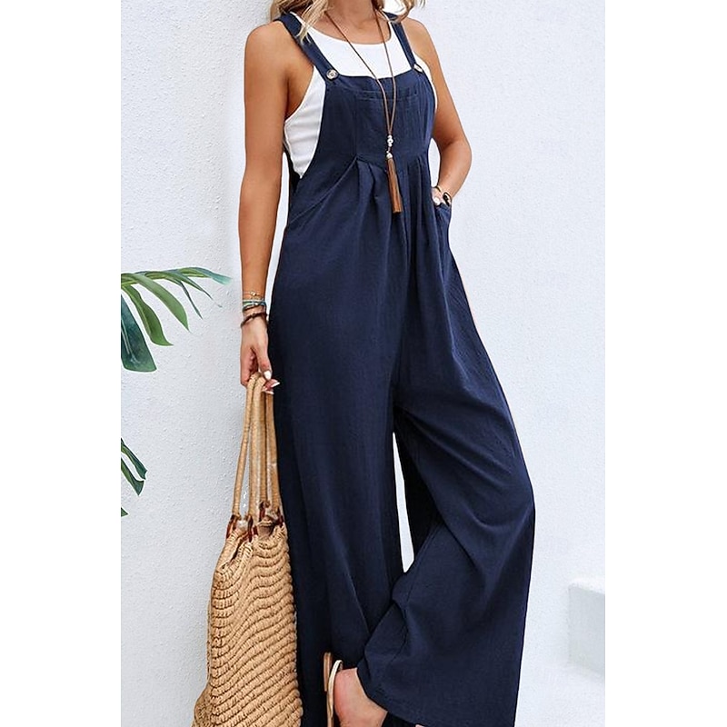 Women's Overall Active Solid Color Sleeveless  Jumpsuit  Wide Leg Square Neck Pocket Buttons Vacation Daily Loose Fit Black Yellow Pink Summer2