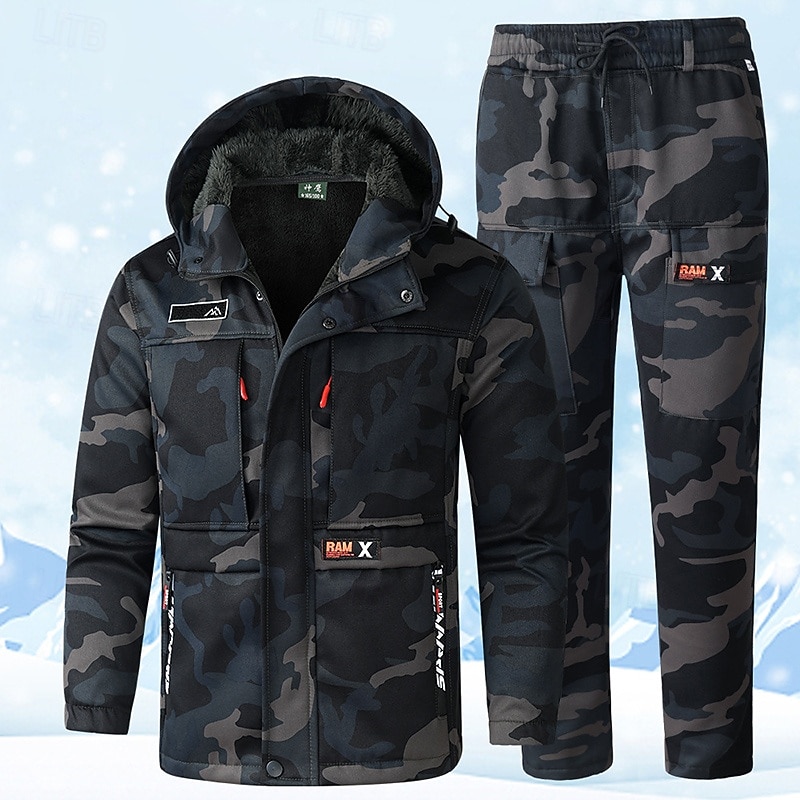 Men's Puffer Jacket Hiking Set Fleece Set Winter Outdoor Waterproof Windproof Top Black Green