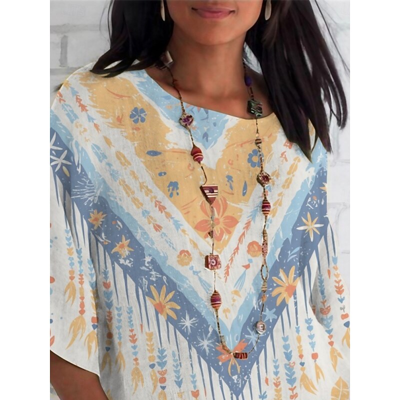 Women's Shirt Floral Daily Casual 3/4 Length Sleeve Crew Neck Regular Tops Daily Holiday Print Blue Summer Spring Fall3