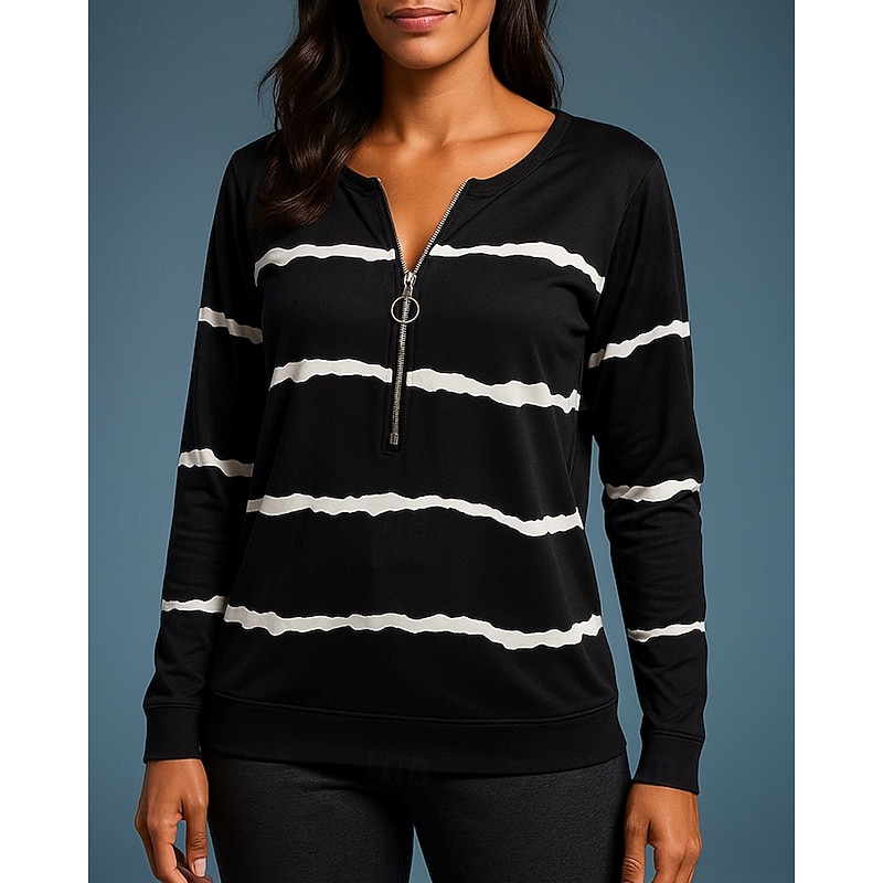 Women's Pullover Sweatshirt Casual Tops Half Zip Long Sleeve Top Athleisure Fall V Neck Stripes Fashion Outdoor Travel Sportswear Activewear Black White Pink3