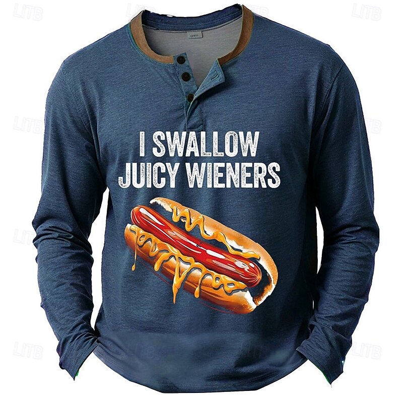 Men's Long Sleeve Henley T-Shirt, Humorous 'I Swallow Juicy Wieners' Hot Dog Pun Graphic