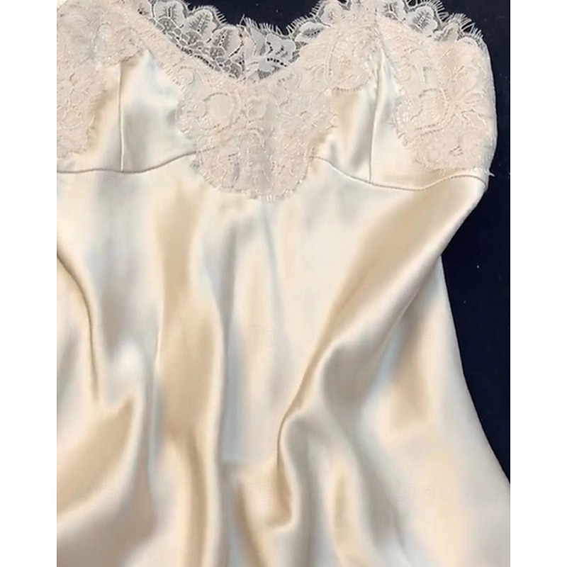 Women's Pajamas Nightgown Fashion Sweet Pure Color Lace Patchwork Vacation Home Bed Sleeveless Straps Beige Summer2
