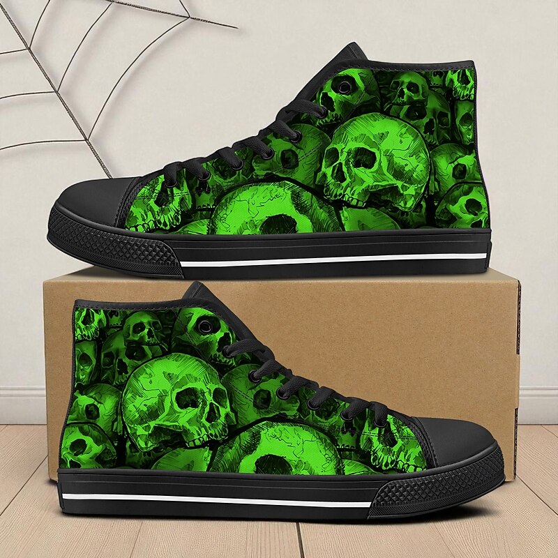 Men's Green Skull Print High Top Sneakers – Gothic Punk Style Canvas Shoes for Halloween Party, Clubbing and Daily Streetwear