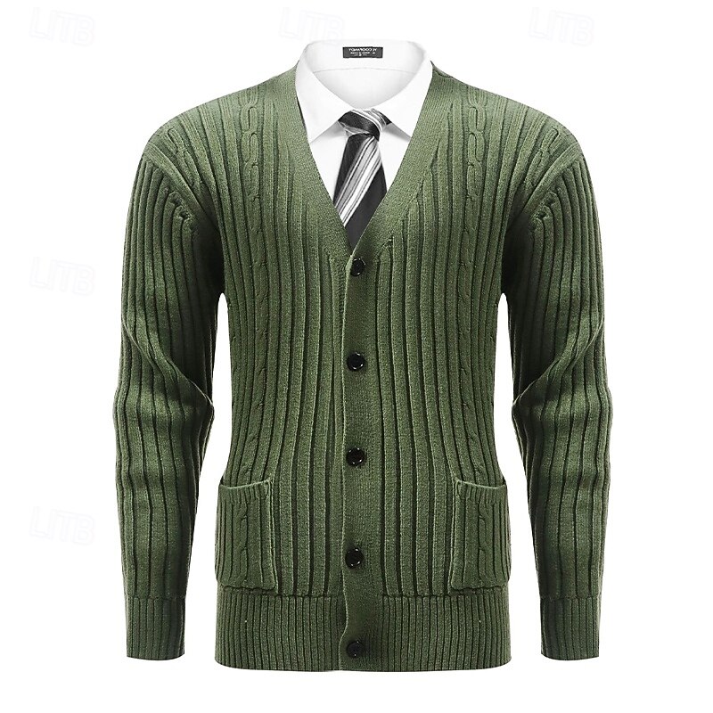 Men's Sweater Dress Sweater Cardigan Sweater Knit Sweater Cable Knit Regular Tops Knitted Ribbed Plain V Neck Vacation Fashion Casual Daily Wear Clothing Apparel Fall Winter Green M L XL3