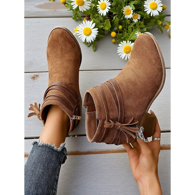 Women's Brown Ankle Boots with Tassel Straps – Casual Western Style Faux Suede Low Heel Booties for Fall, Streetwear and Daily Outfits2