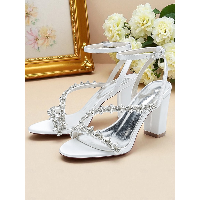 Women's White Block Heel Sandals with Rhinestone Straps - Elegant Cocktail Party Footwear3