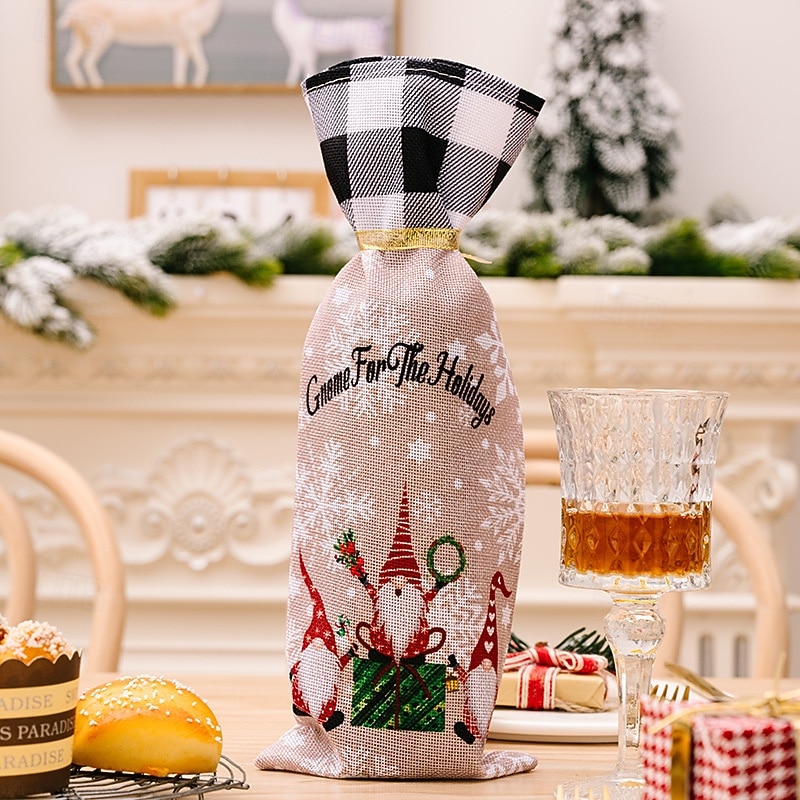 2Pcs Christmas Wine Bottle Bags, Forest Gnome Plaid Drawstring Bottle Covers, Holiday Champagne and Red Wine Bottle Holders4