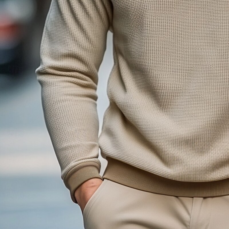 Men's Waffle T-shirt T Shirt Long Sleeve Stand Collar All Seasons Color Block Traditional / Vintage Casual Zip Up Outdoor Home Sports & Outdoor Khaki Top Tee for Men3