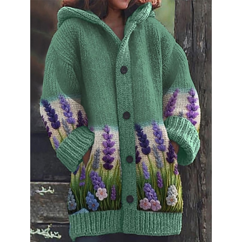 Women's Cardigan Vacation Daily Floral Ribbed Hooded Knitted Print Front Pocket Long Sleeve Regular Tops Knit Outdoor Daily Holiday Blue Orange Fall Winter3