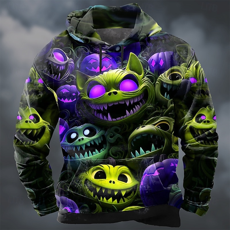 Men's Cat Pumpkin Hoodie Sweatshirt Cool Party Crew Neck Club Streetwear Yellow Blue Drawstring Fall Winter Designer2