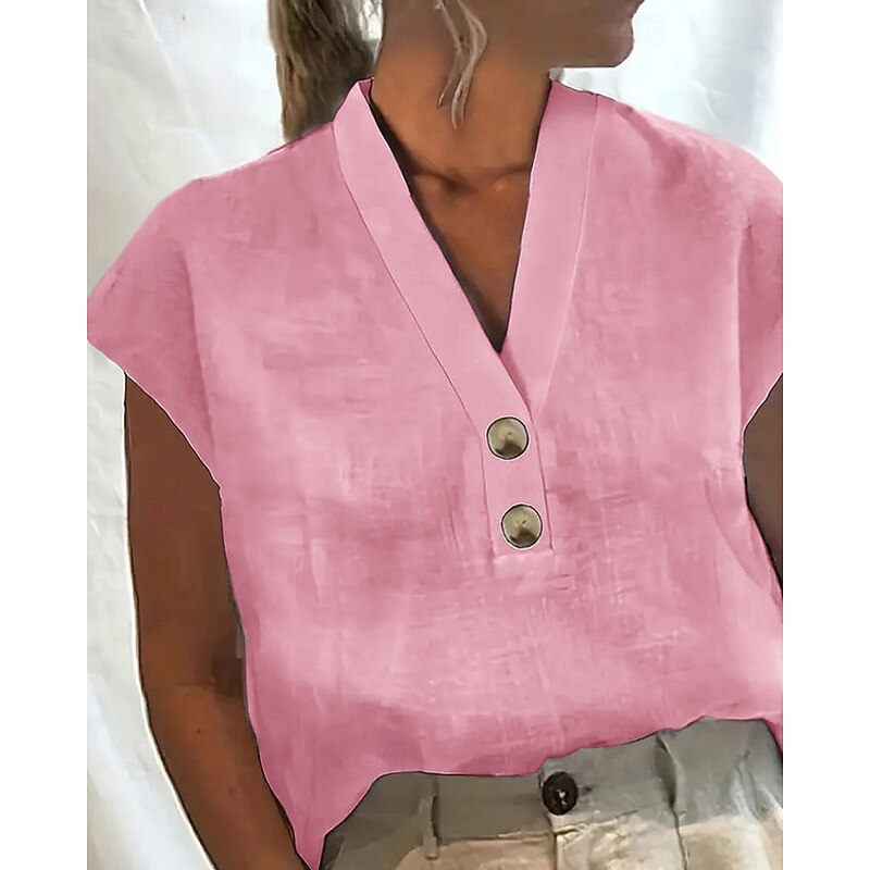 Women's T Shirt Plain Casual Short Sleeve V Neck Regular Tops Daily Weekend Buttons White Pink Green Light Blue Summer2