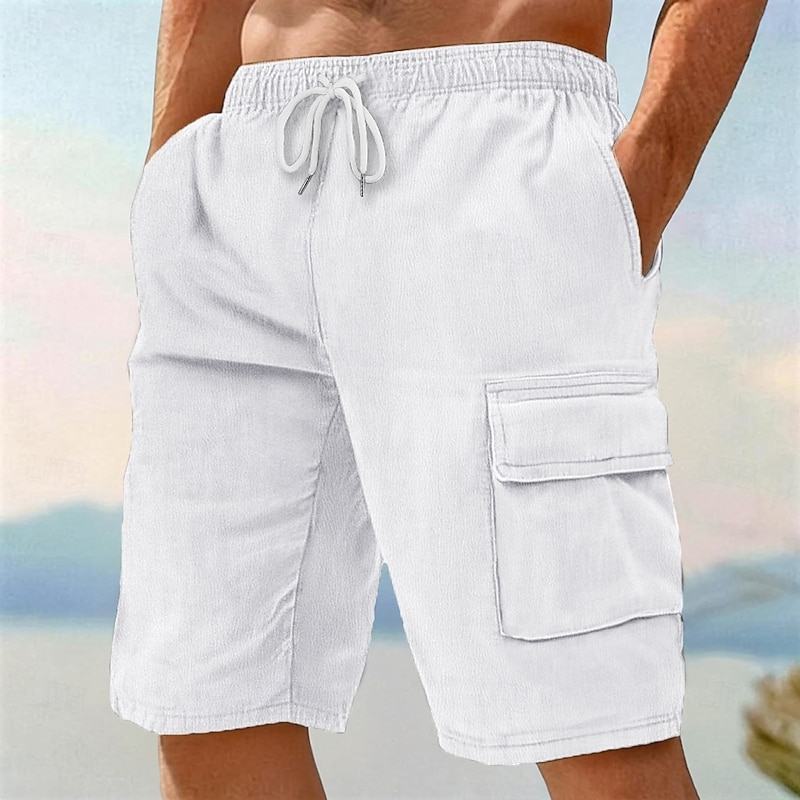 Men's Cargo Shorts Shorts Linen Shorts Summer Shorts Beach Shorts Drawstring Elastic Waist Plain Comfort Breathable Knee Length Outdoor Daily Beach Vacation Fashion Black White Inelastic2