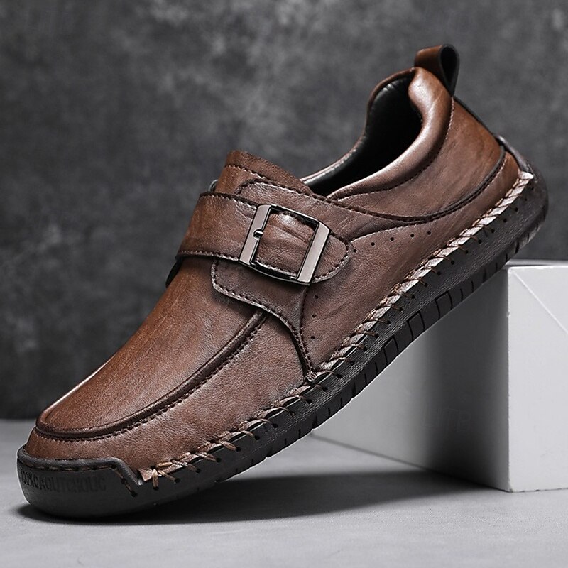 Men's Brown  Buckle Casual Shoes, Slip-On Comfort Loafers with Anti-Slip Sole for Office, Driving and Everyday Wear