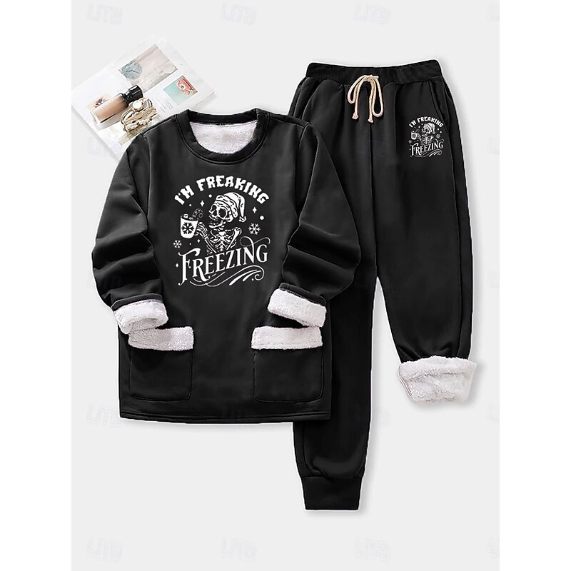 Women's Warm Daily Two Piece Sets Tracksuit Pants Sets Long Sleeve Crew Neck Graphic Geometric Letter Drawstring Print Casual Daily Black Pink Blue Fall Regular Fit2