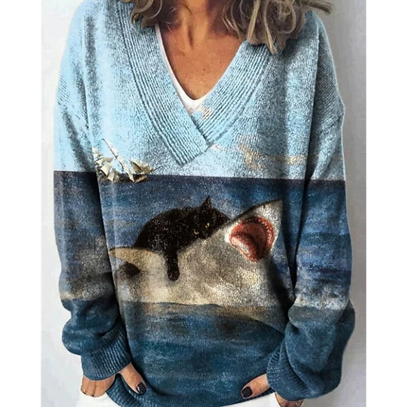 Women's Sweater Fashion Color Block Ribbed V Neck Knitted Long Sleeve Regular Tops Knit Holiday Going out Weekend Blue Fall