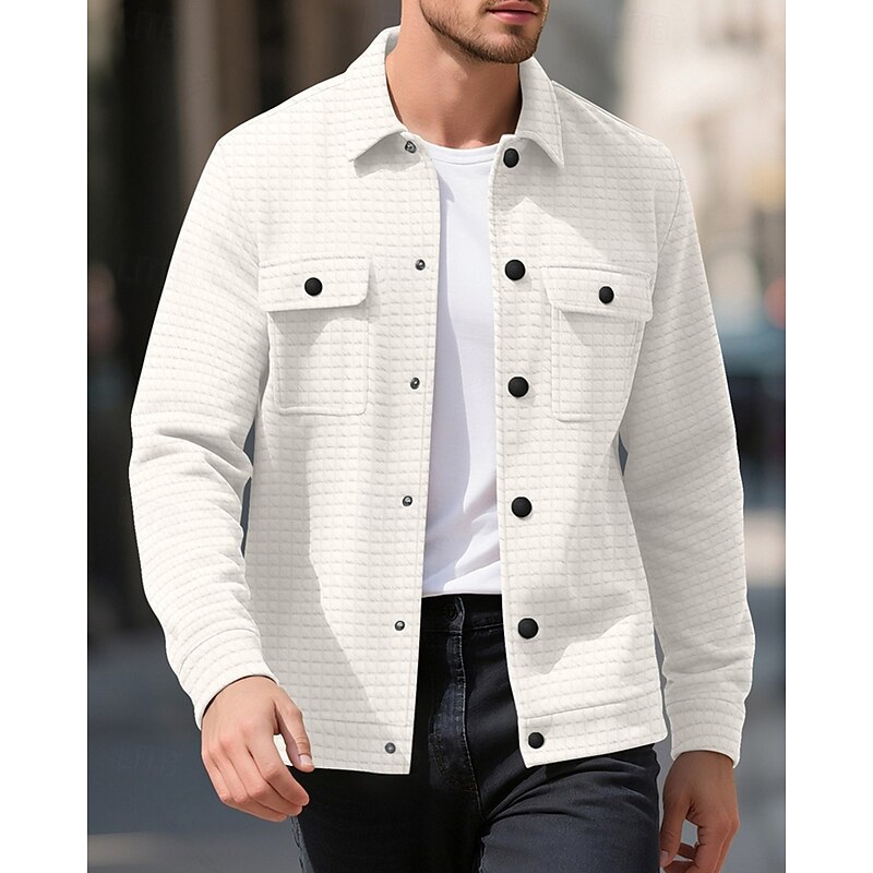 Men's Waffle Jacket Shirt Jacket Casual Jacket Vacation Daily Breathable Jacquard Pocket Spring Fall Plain Fashion Classic Lapel Regular Black White Khaki Army Green Dark Gray Jacket