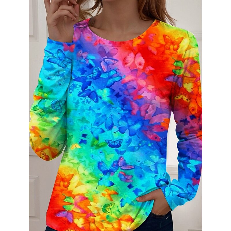 Women's T Shirt Floral Graphic Gradient Elegant Vintage Stylish Long Sleeve Crew Neck Round Neck Regular Tops Daily Going out Weekend Print Rainbow Summer Spring Fall Spring, Fall, Winter, Summer2