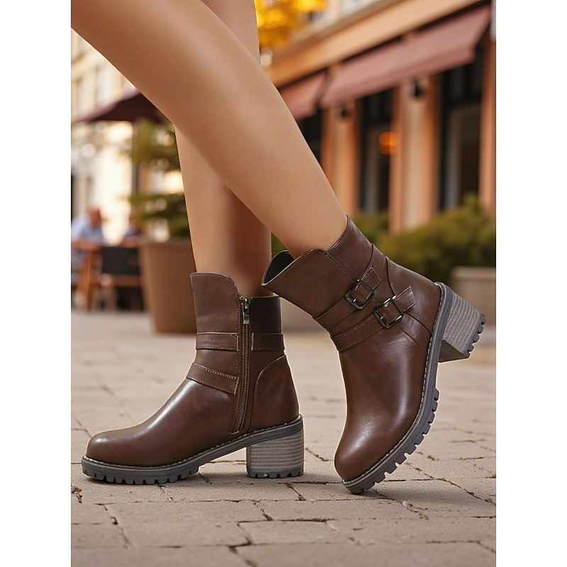 Women's Brown Chunky Heel Ankle Boots - Faux Leather Zip-Up Booties with Double Buckle Straps for Fall Outfits,Walking and Everyday Casual Wear