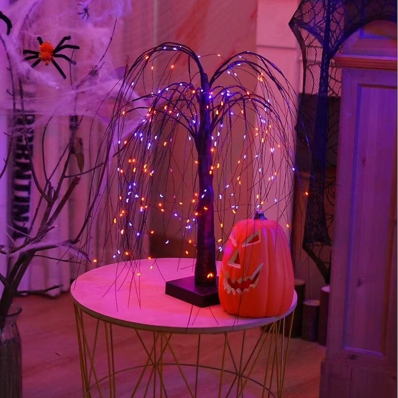 Halloween Willow Tree Lights, LED Artificial Willow Night Lights, USB & Battery Operated, Adjustable Branches, Halloween Table Decorations for Indoor Home Party Room