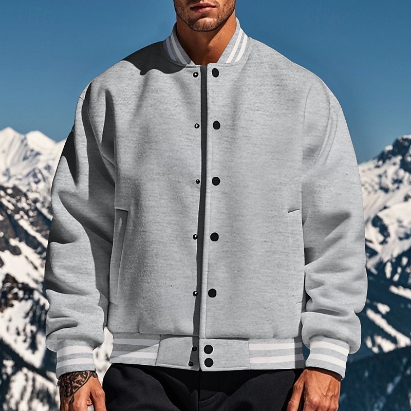 Men's Casual Jacket Varsity Jacket Vacation Daily Warm Pocket Fall Winter Stripe Fashion Classic Standing Collar Regular Black Red Navy Blue Royal Blue Light Grey Jacket2