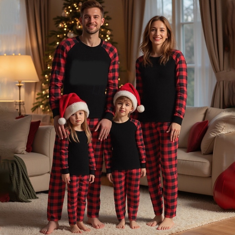 Family Pajamas Plaid Home Patchwork Red Long Sleeve Active Matching Outfits