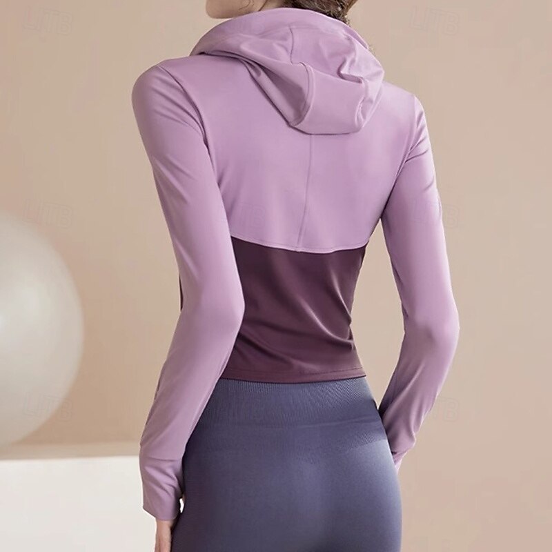 Women's Workout Jacket Quick Dry with Thumbholes Long Sleeve Sports Color Block Top For Gym Zumba Running Slim Activewear3