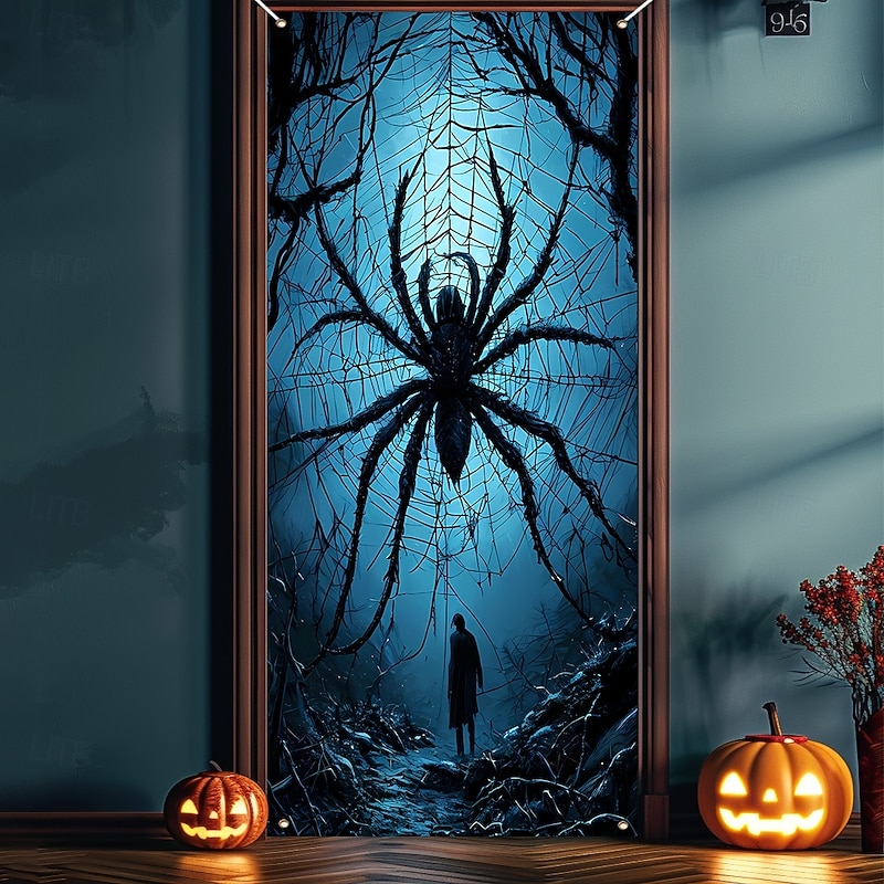 Halloween Door Cover Outdoor Banners Spider 3D Dark Punk Gothic Style Party Outdoor Shooting Backgrounds Front Door Wall Porch Home Decor4