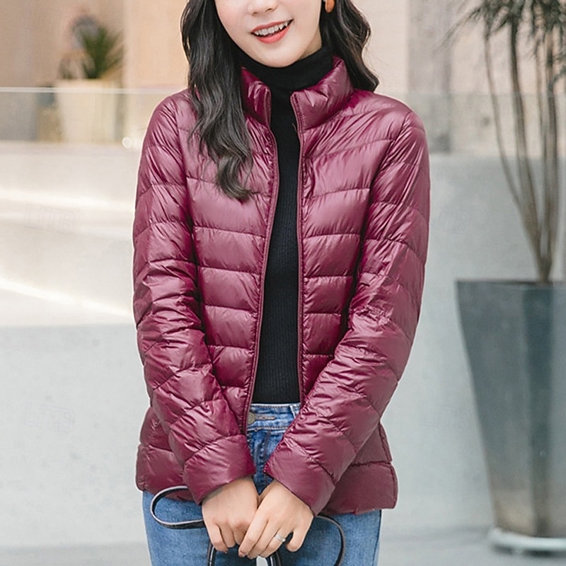 Women's Down Jacket Puffer Jacket Warm Comfortable Zipper Pocket Fashion Modern Casual Plain Going out Weekend Zipper Regular Stand Collar Regular Fit Long Sleeve Outerwear Black Pink Wine Winter4
