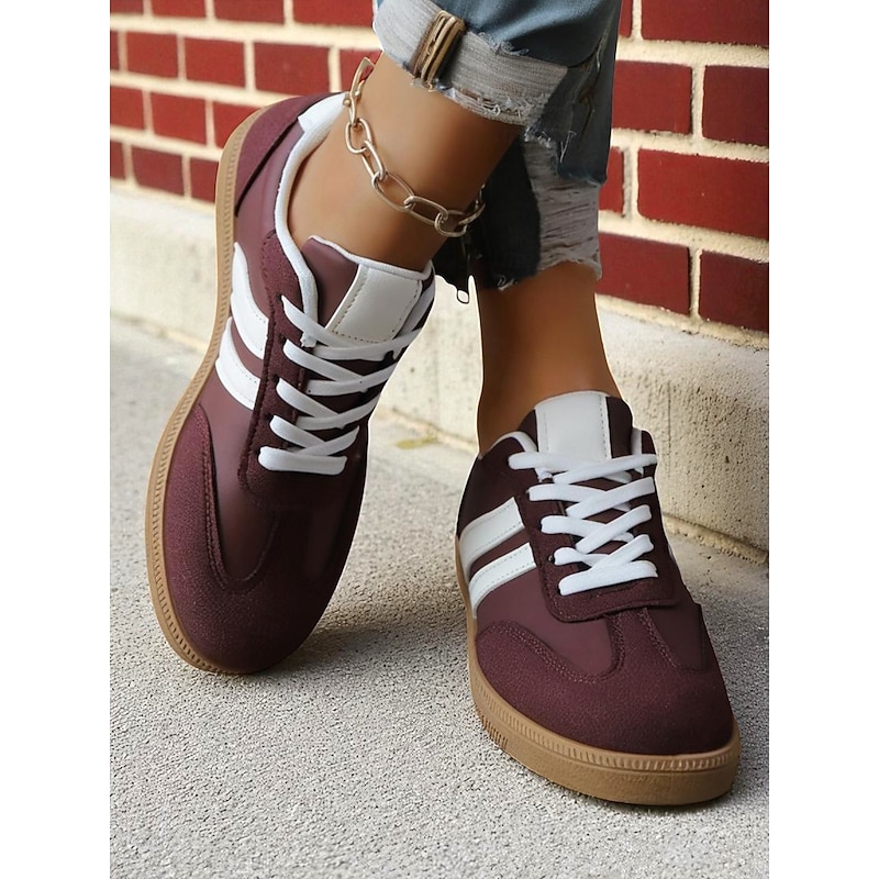 Women's Retro Lace-Up Sneakers with Brown & Green Accents – Comfortable Casual Sports Shoes for Walking, Travel & Everyday Wear