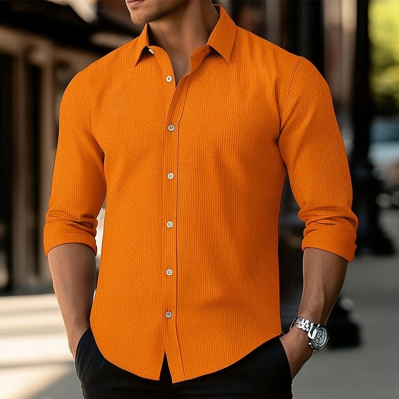 Men's Shirt Casual Shirt Button Up Shirt Waffle Knit Shirt Orange Long Sleeve Plain Collar Vacation Casual Clothing Apparel Fashion Modern Casual