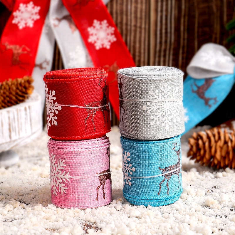 Christmas Ribbons for Crafting, Xmas Wired Edge Ribbon, Reindeer Bow Decoration, Gift Wrap Ribbon, Christmas Tree Ornament, Festive Holiday Supplies
