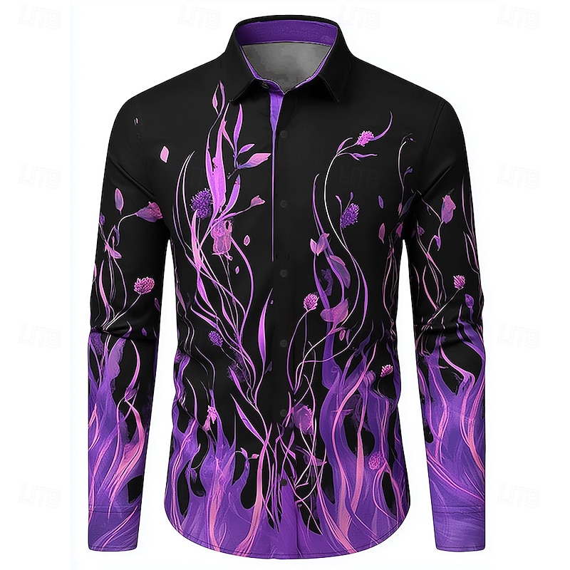 Men's Floral Print Flame Flowers Shirt Button Up Shirt Casual Dress Shirt Long Sleeve Casual Outdoor Holiday Summer Spring Turndown 3D Print Collared Shirts Black