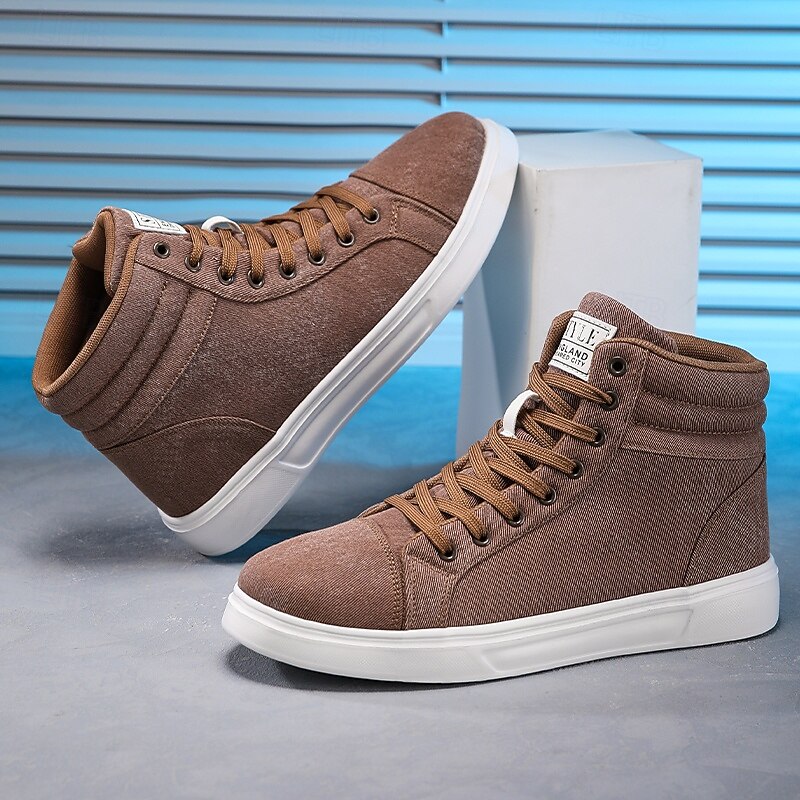 Men's Brown Fabric High-Top Sneakers, Comfortable Lace-Up Casual Shoes for School, Travel and Outdoor Activities3