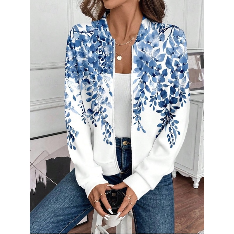 Women's Casual Jacket Warm Quick Dry Zipper Pocket Elegant Fashion Daily Simple Floral Vacation Casual Daily Holiday Regular Baseball Collar Regular Fit Long Sleeve Outerwear Black And White Blue4