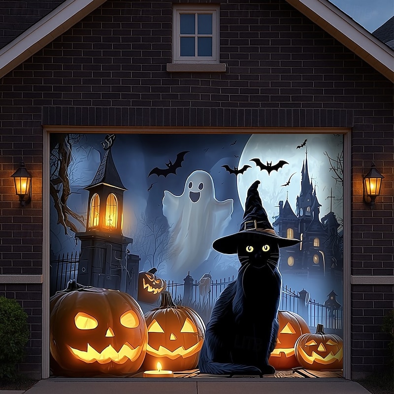 Halloween Garage Door Cover Witch Cat Ghost Pumpkin Lantern Banner Haunted House Backdrop Tapestry for Outdoor Decoration4