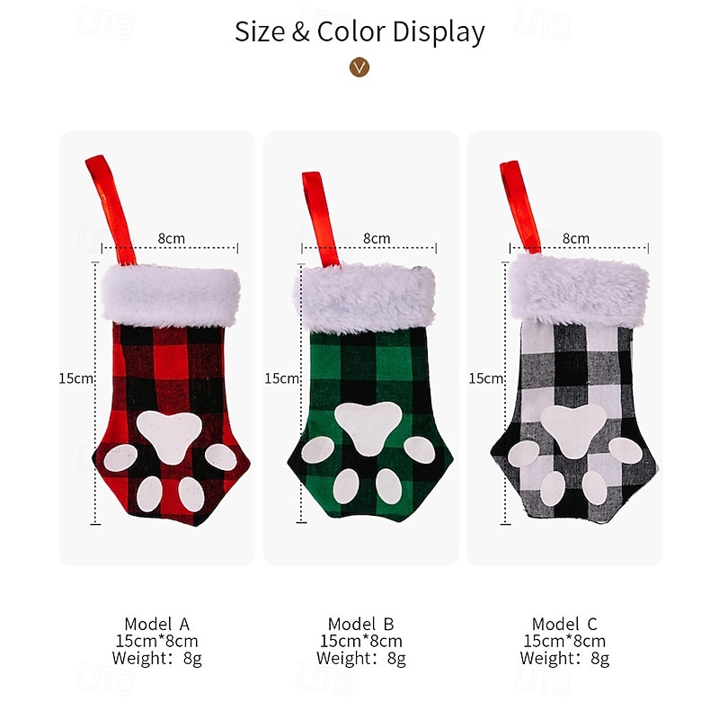 3pcs Christmas Stockings with Cat Paw Design, Small Plaid Christmas Socks, Holiday Decorative Gift Stockings, Xmas Tree Hanging Ornaments2