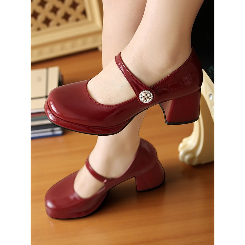 Women's Red Patent Leather Mary Jane Heels - 1950s Retro Round Toe Block Pumps with Pearl Button for Autumn Winter Commute, Office Looks and Vintage Tea Parties