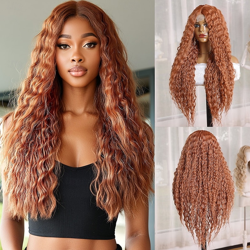 Synthetic Lace Wig Deep Curly Style 28 inch Orange Middle Part U Part Wig Women's Wig Orange / White / Blue