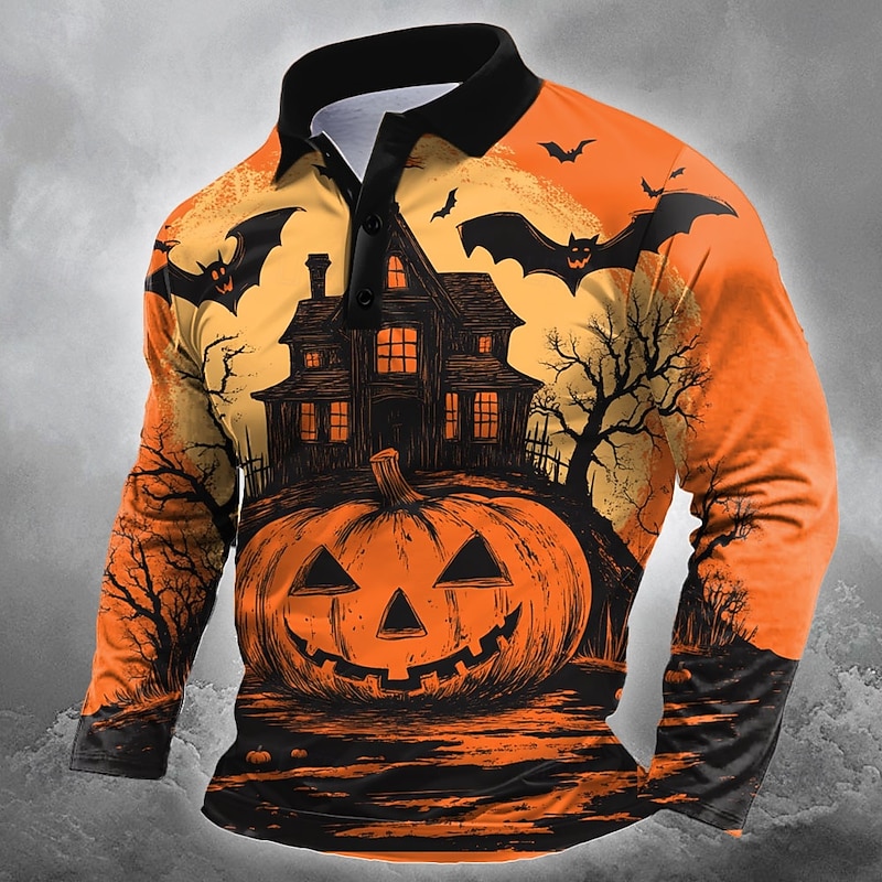 Halloween Men's Pumpkin Bat Polo Long Sleeve Polo Shirts Lapel Casual Dark Street Athleisure Festival Outfit 3D Print Buttons Spring Fall Winter orange1 Orange  2