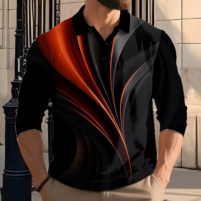 Men's Geometic Line Polo Long Sleeve Polo Shirts Lapel Casual Athleisure Daily Wear 3D Print Buttons Spring Fall Winter Red Blue Green