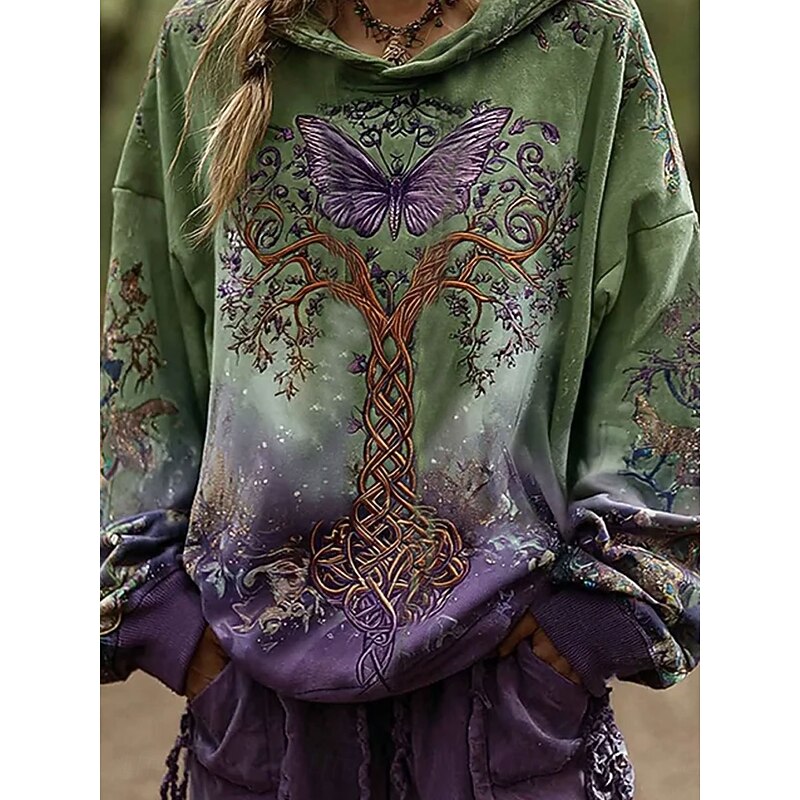 Women's 3D Print Vintage Boho Hoodie Patchwork Hoodie Sweatshirt Floral Pullover Sweatshirt  Butterfly Casual Long Sleeve Hooded  Party Evening Wear Street Dailywear Green Spring Fall Winter3
