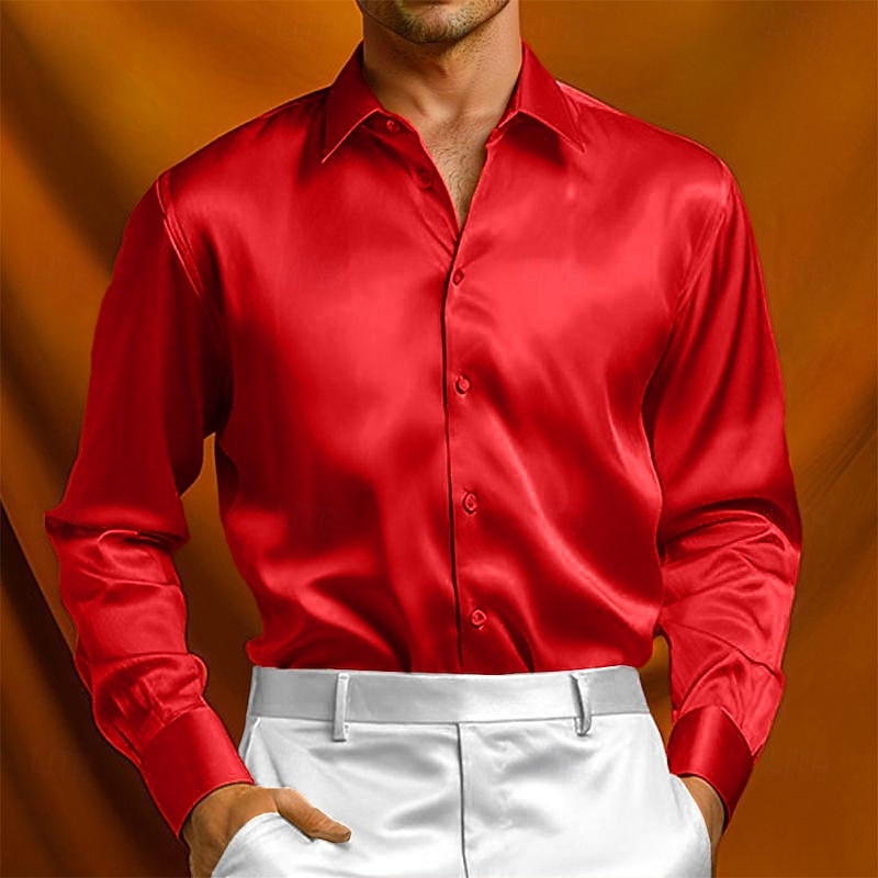 Men's Shirt Silk Like Satin Shirt Dress Shirt Casual Shirt Button Up Shirt Plain Formal Wedding Black Yellow Red Navy Blue Long Sleeve Lapel Spring &  Fall All Seasons Clothing Apparel Plain4