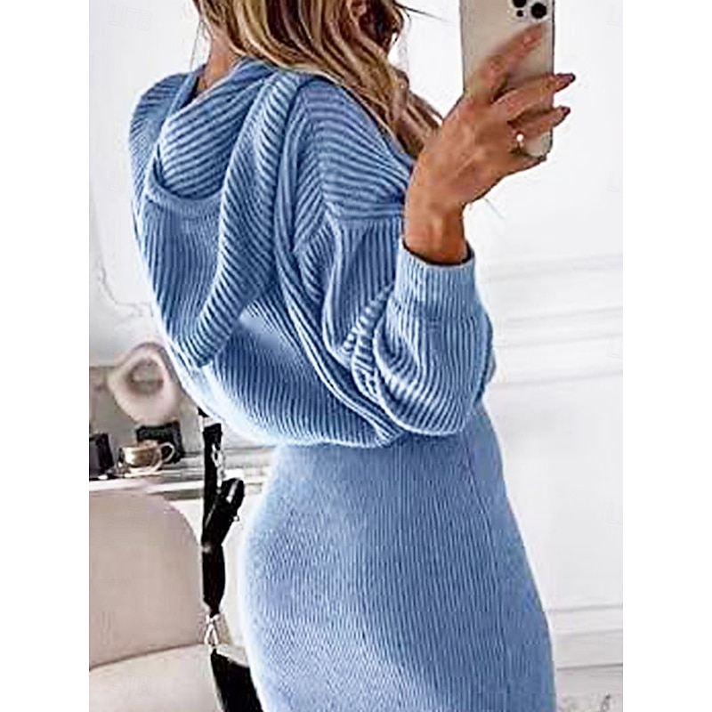 Women's Sweater Dress Daily Stylish Basic Pure Color Ribbed Hooded Knitted Front Pocket Long Sleeve Regular Tops Knit Outdoor Daily White Blue Fall Winter3