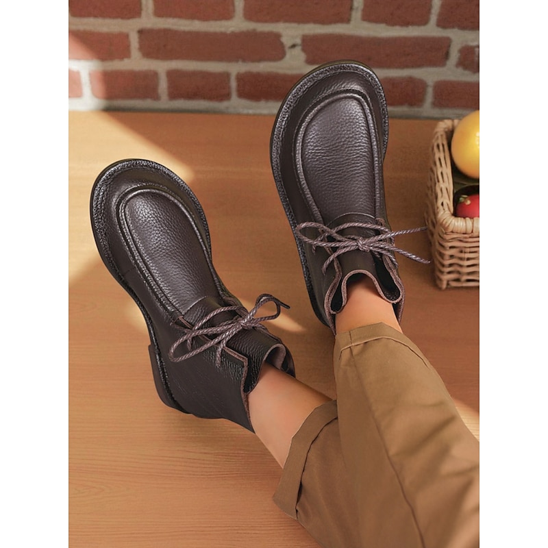 Women's Black Genuine Leather Ankle Boots with Lace Up Design – Casual Durable Cowhide Shoes for Work, Travel and Everyday Outfits3