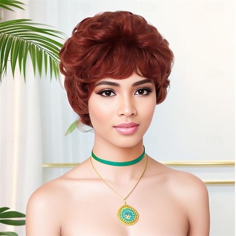 Synthetic Hair Auburn Wig With Bangs Womens Short Wigs Natural Curly Hairstyle Mommy Wigs Old Lady Costume Halloween Seniors Woman Red Shades Brown Wig4