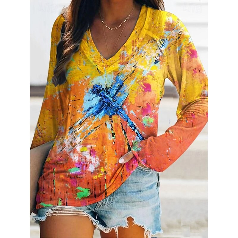 Women's T Shirt Graphic Cat Dragonfly Elegant Bohemia Vintage Long Sleeve V Neck Regular Tops Daily Going out Weekend Print Black and White Black Yellow Blue Dark Green Spring Fall3