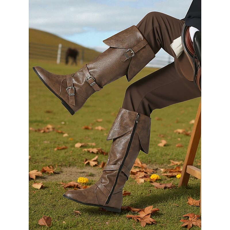 Women's Khaki Faux Leather Knee-High Boots - Vintage Riding Style with Fold-Over Cuff and Silver Buckle Straps, Comfortable Flat Heel Footwear for Autumn Outdoor, Equestrian and Casual Wear2