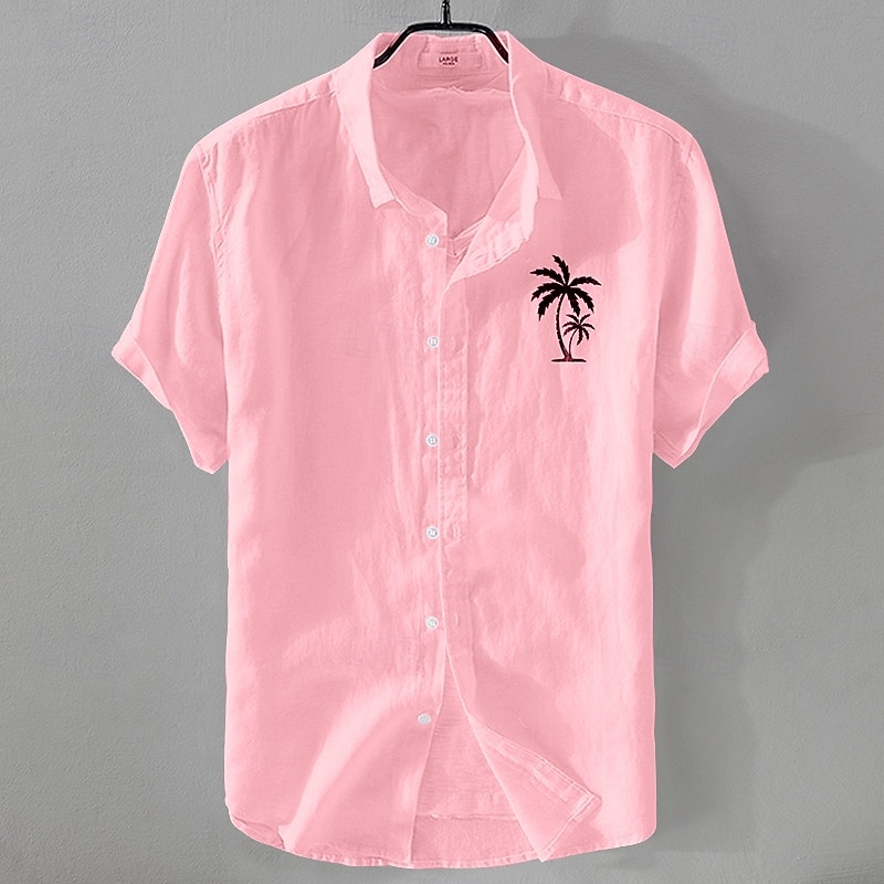 Men's Linen Shirt Minimalist Aloha Shirt Casual Shirt Cotton Linen Shirt Button Up Shirt Coconut Tree Vacation Street Black White Pink Dark Navy Short Sleeve Lapel Summer Clothing Apparel Button-Down4