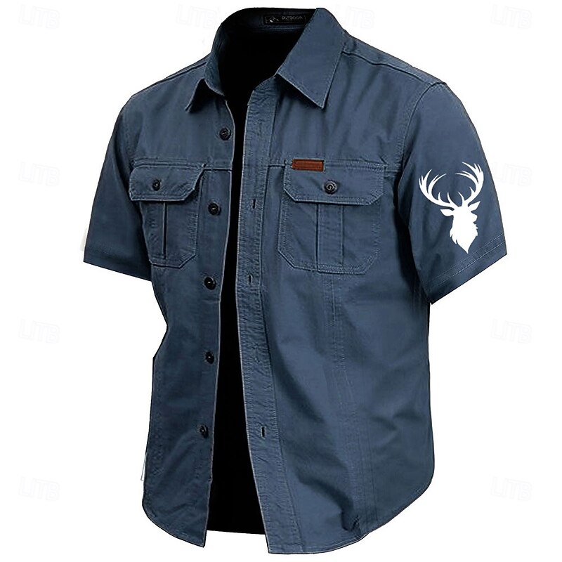 Men's Reindeer Work Shirt Western Shirt Cargo Shirt Short Sleeve Casual Tactical Sports Outdoor WorkWear Summer Spring Turndown Front Two Pockets Cotton Button Up Shirts Army Green Khaki Dark Blue2